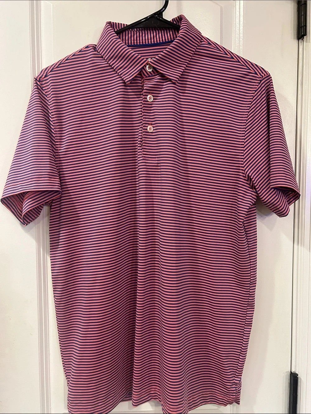Men's Pink and Navy Striped Polo Shirt - Classic Short-Sleeve